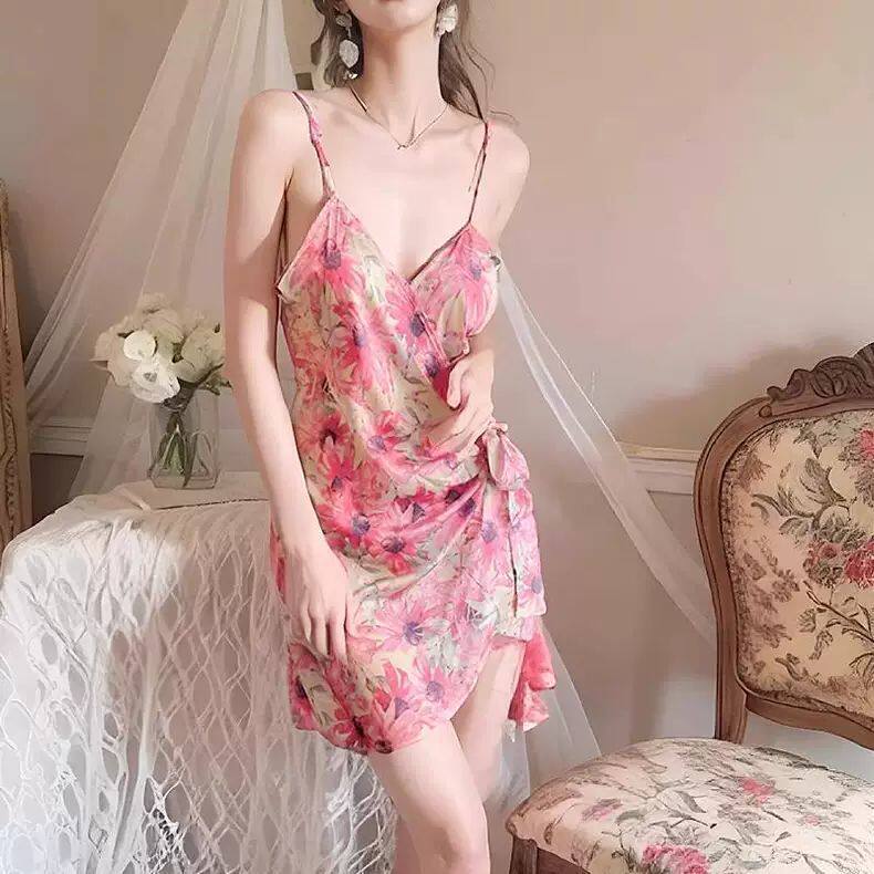 Cross-Border Plus-Size Ice Silk Sleepwear for Women, Sexy Tie-Up One-Piece Robe-Style Camisole Nightgown, New Summer Model 30