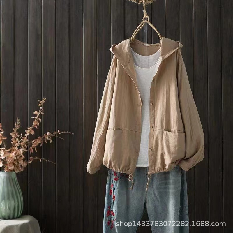 Spring and Autumn New Artistic Retro Solid Color Hooded Top Women's Loose Casual Large Size Double Layer Cotton Yarn Shirt Jacket