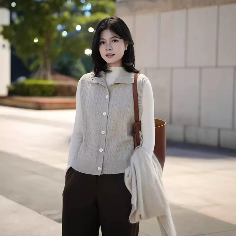 女26年春季新款高领粗纺绞花羊毛羊绒混纺开衫背心内搭设计感上衣