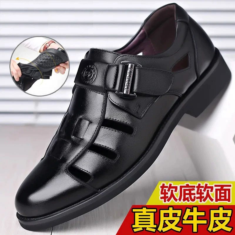 2023 новые летние мужские сандалии из натуральной кожи, мужские повседневные туфли из полой кожи для людей среднего и молодого возраста, мужские кожаные сандалии с полыми отверстиями