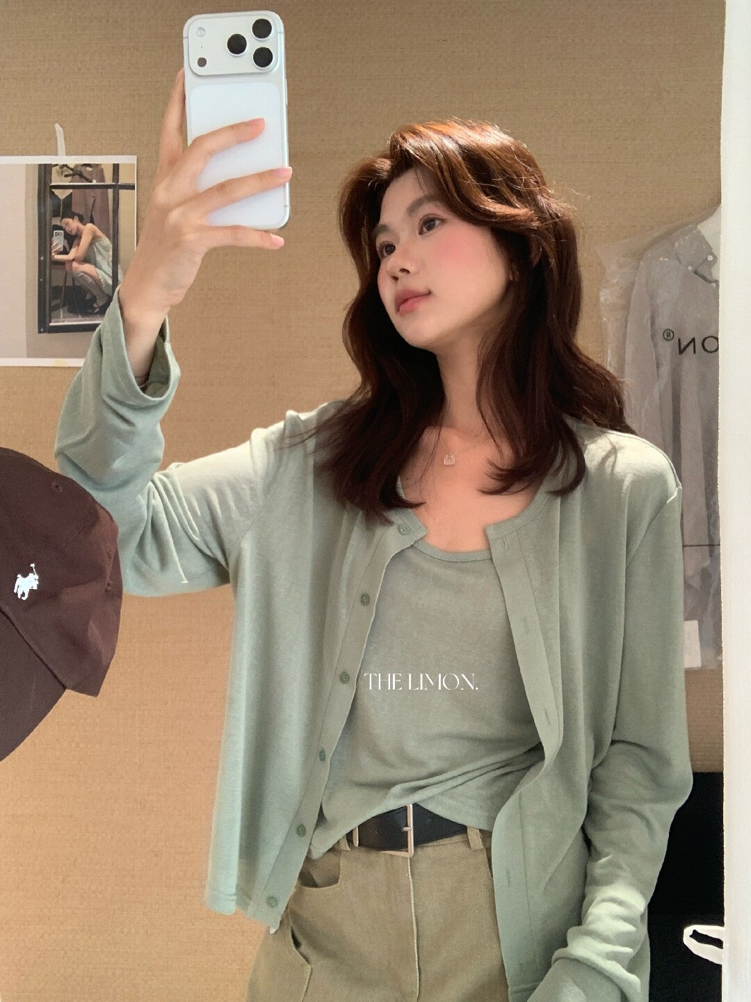 Bộ cardigan len mỏng kèm áo hai dây hai mảnh nữ mùa hè — Xám cacbon, xanh lam, màu hồng, Đậu xanh chi tiết 3