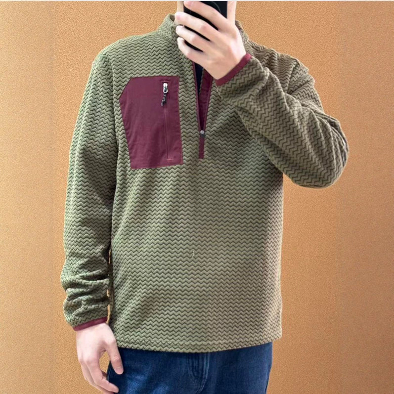 Spring, Autumn, Winter Wave Pattern Fleece Sweatshirt for Men, Outdoor Sports Half-Zip Long Sleeve American Style Stand Collar Base Shirt