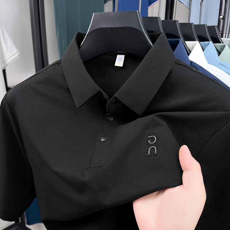 2025 Summer New Ice Silk Men's Seamless Short Sleeve Polo Shirt Men's Casual Fashion Stretch V-Neck Printed T-Shirt Men