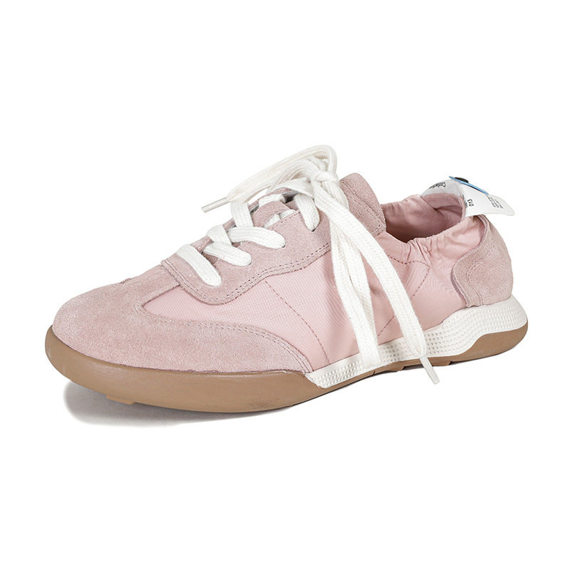 Giày sneaker nữ da thật phối lưới kiểu ballet, đế cao su chống trượt, dây buộc — Màu hồng, Màu mơ, Màu vàng
