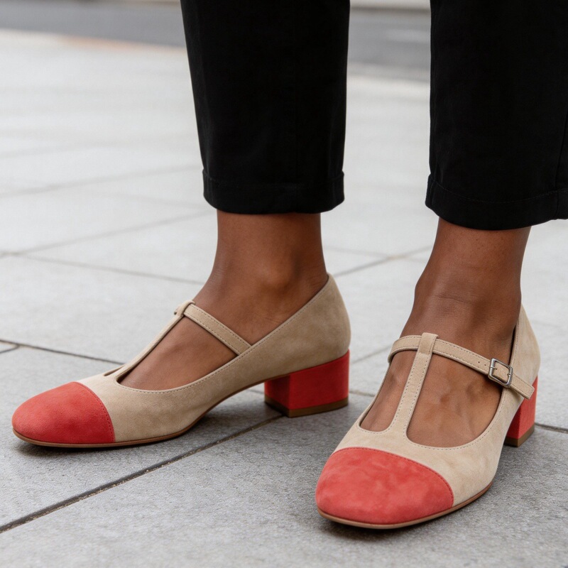 Aliexpress 2024 Spring New Round-Toe Mid-Heel Chunky Heel T-Strap Color-Block Large Size Women's Doll Shoes