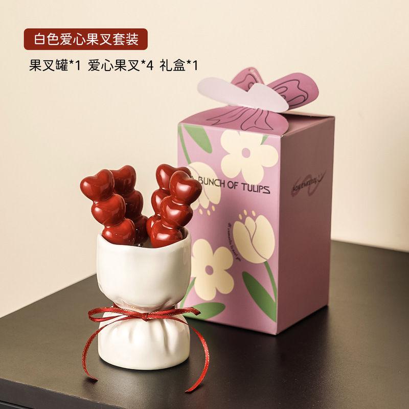 可爱甜品水果签水果叉家用餐具不锈钢高颜值喜庆收纳罐小叉子套装|undefined
