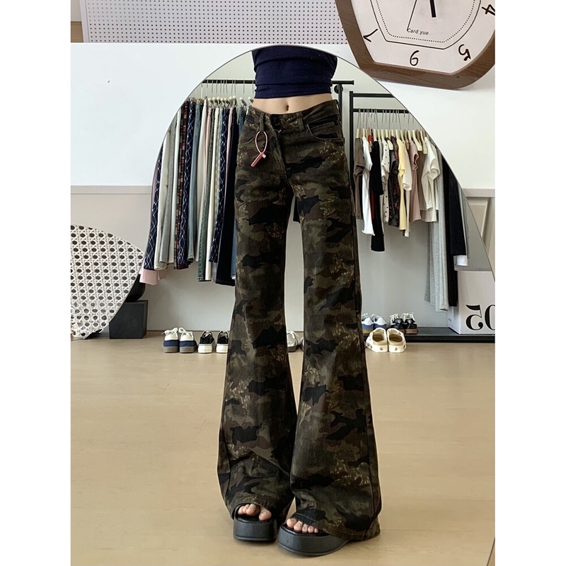 Micro-Flared Camouflage Jeans for Women, Spring and Summer 2026 New Style, Non-Tight Flared Pants, Low-Waist Jeans for Women