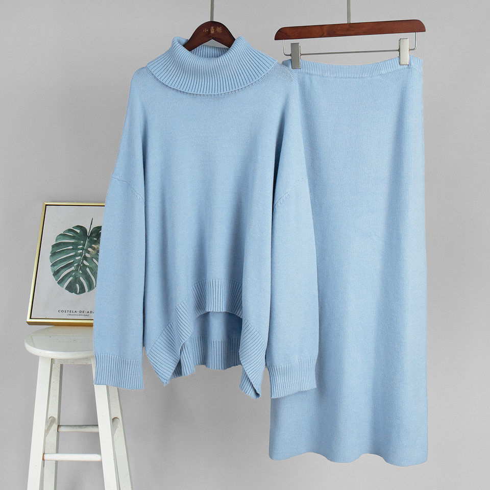 Bộ đầm áo len cổ cao dài tay phối chân váy dài dệt kim form rộng nữ — 50% Visco, 30% Polyester, 20% Nylon, Màu trắng be, Màu xanh lam, Màu xám chi tiết 25