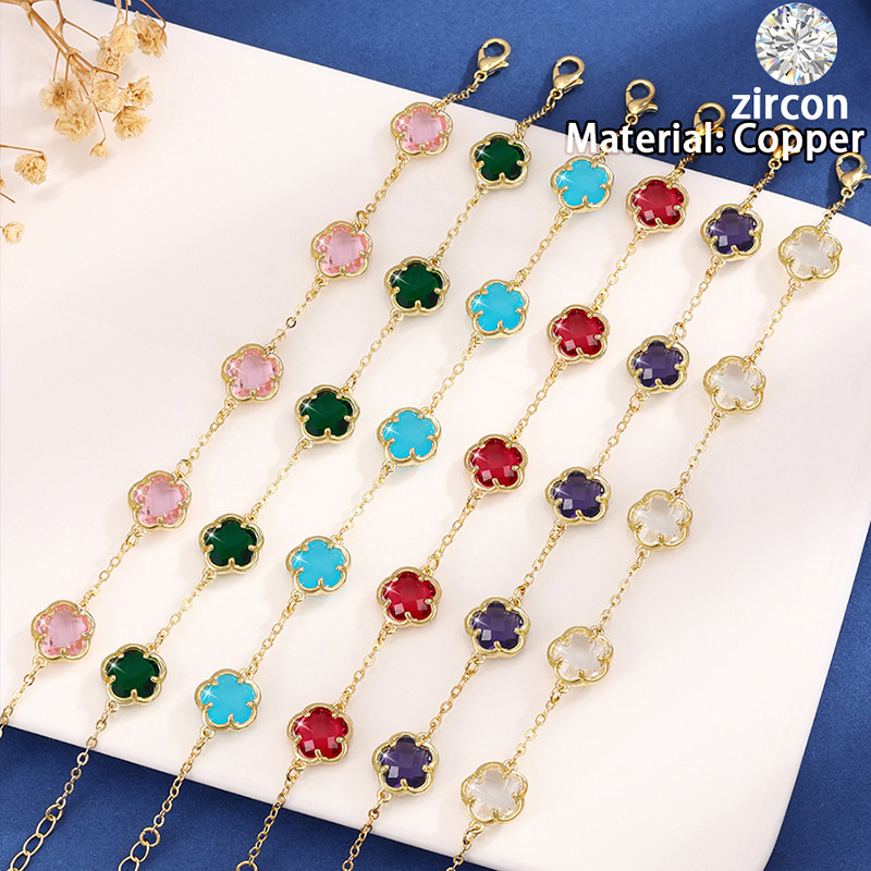 Cross-border supply of new micro-inlaid colored zircon five-petal flower bracelet women's European and American fashion hot five-leaf clover jewelry tide