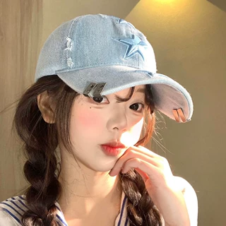 五角星水洗牛仔棒球帽女宽帽檐显脸小鸭舌帽大头围百搭软顶帽子潮