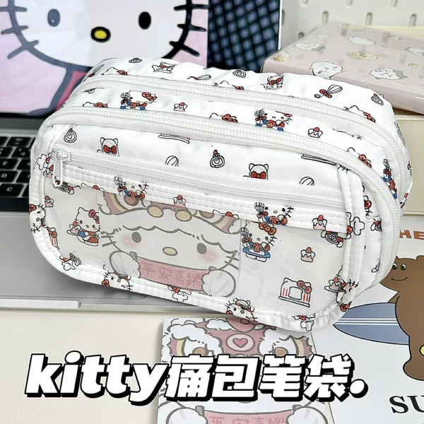 Sanrio Kt Cat Pencil Case, Trendy and Unique, High Aesthetic Appeal, Hello Kitty Student Large-Capacity Stain-Resistant Stationery Box