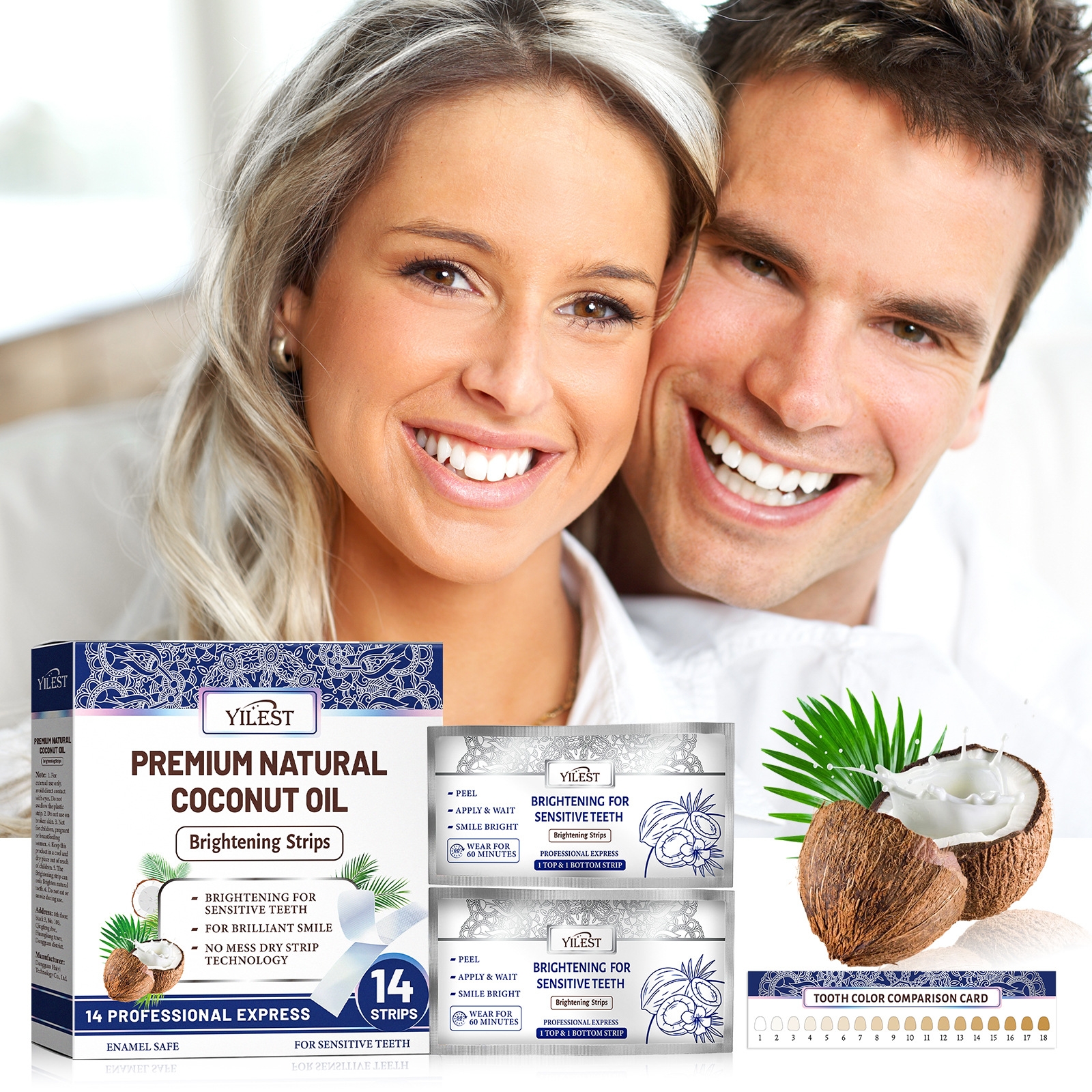 Cross-border YILEST/whitening kit: Coconut mint flavor for fresh breath, whitening strips for brighter teeth, 14 pieces