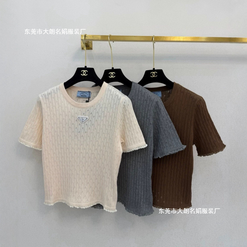 P Brand High-End Summer New Style Cotton Short-Sleeve Knit Top with Letter Logo Appliqué and Lace Trim