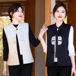 2024 Chinoiserie National Style Vest Spring & Fall New Style Buckle Mother Embroidered Jacquard Retro Waistcoat Vest Top Fashionable