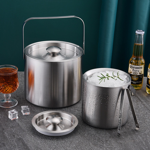 Cross-border supply of 304 stainless steel ice bucket, double-layer straight bar beer red wine bucket, KTV club ice cube ice bucket