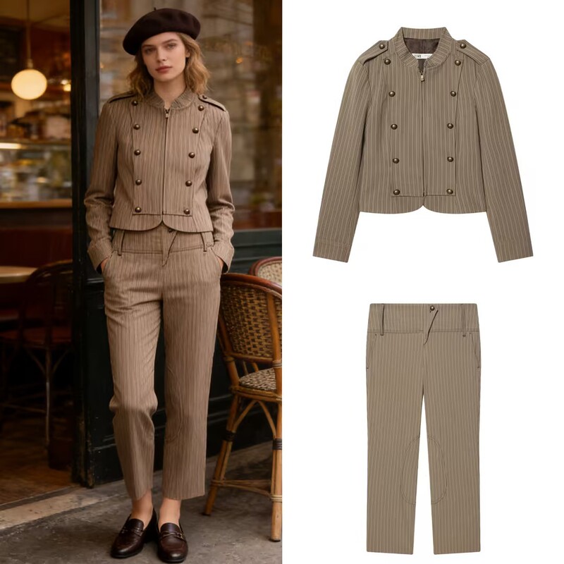 Zr Women's Clothing 2026 Fashionable European and American Style New Product Stand Collar Button Decorated Striped Slim Fit Suit + Capri Pants Set
