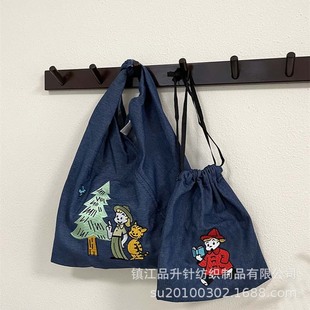 Cartoon Japanese and Korean Printed Embroidered Bag Denim Handbag Large Capacity Simple Commuter Bag Drawstring Flap Pocket Pants Drawstring Tote Bag