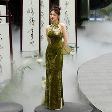 高级感晨袍新中式旗袍敬酒服连衣裙高端气质艺考绿色晚礼服女年会
