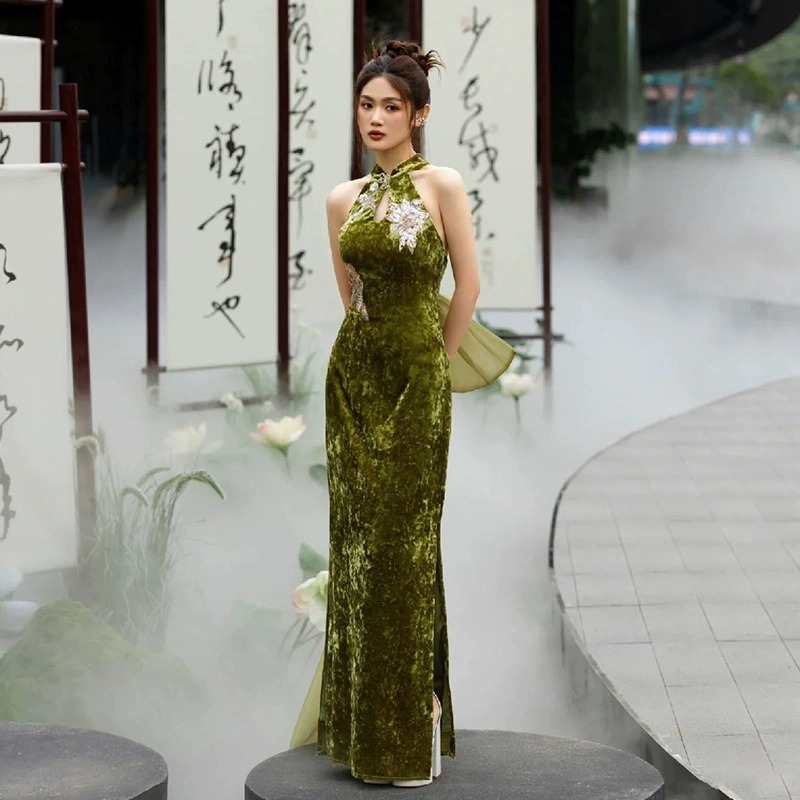 高级感晨袍新中式旗袍敬酒服连衣裙高端气质艺考绿色晚礼服女年会
