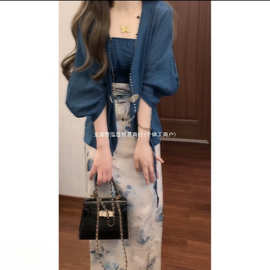 新中式国风唐装禅意改良汉元素抹胸半身裙开衫三件套汉服套装腈纶