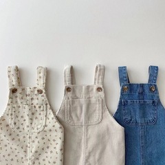 Korean style children's clothing for infants and toddlers in spring and autumn new floral denim cute suspenders baby casual sports trousers