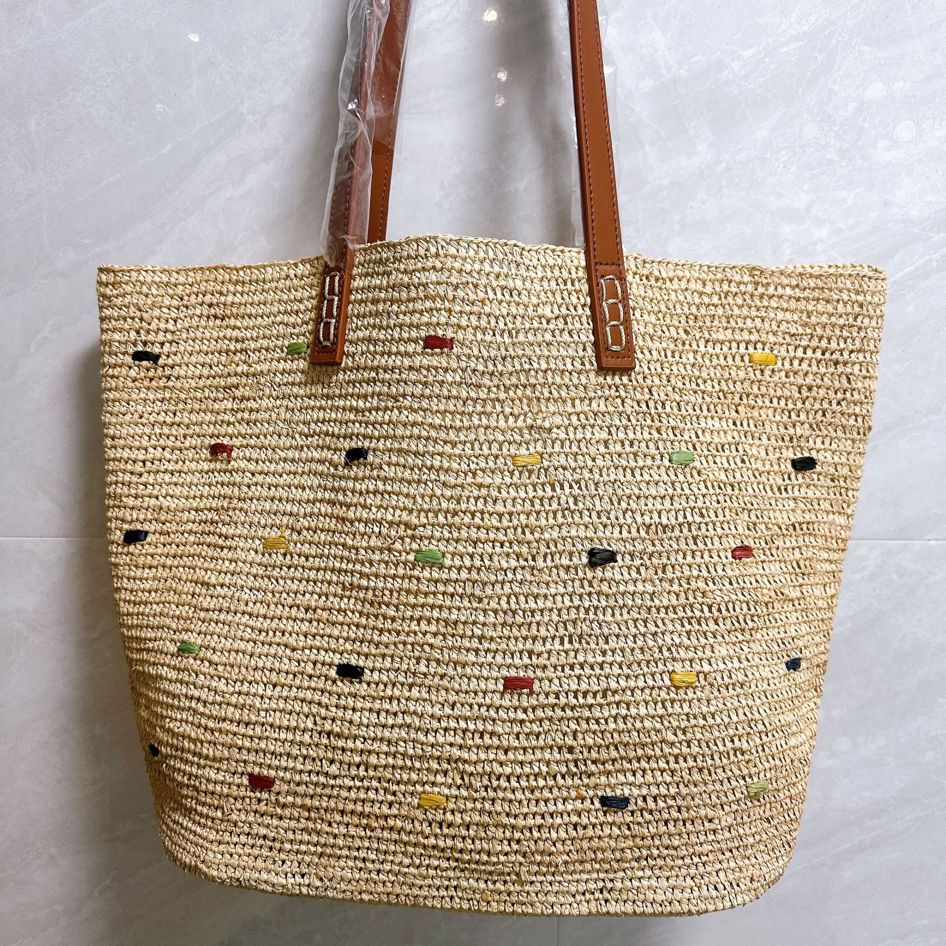 Japanese Style Hand-Crocheted Raffia Spliced Genuine Leather Strap Woven Bag For Women, Beach Vacation Embroidered Tote Shoulder Bag - Thumbnail 4
