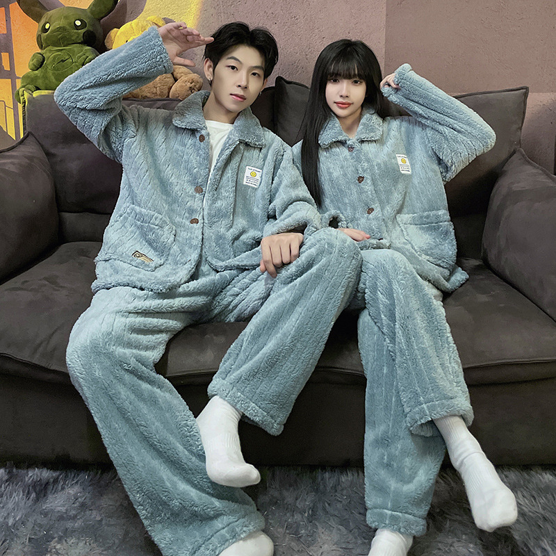 Superior coral azul pijamas pareja de felpa solapa Otoño e Invierno cardigan manga larga engrosada caliente desgaste del hogar traje