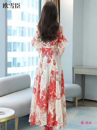 Summer Short Sleeve Printed Women's Skirt Elegant and Refined Long Dress Slimming Waist Refined Goddess Style Short Sleeve Fairy Skirt Trendy