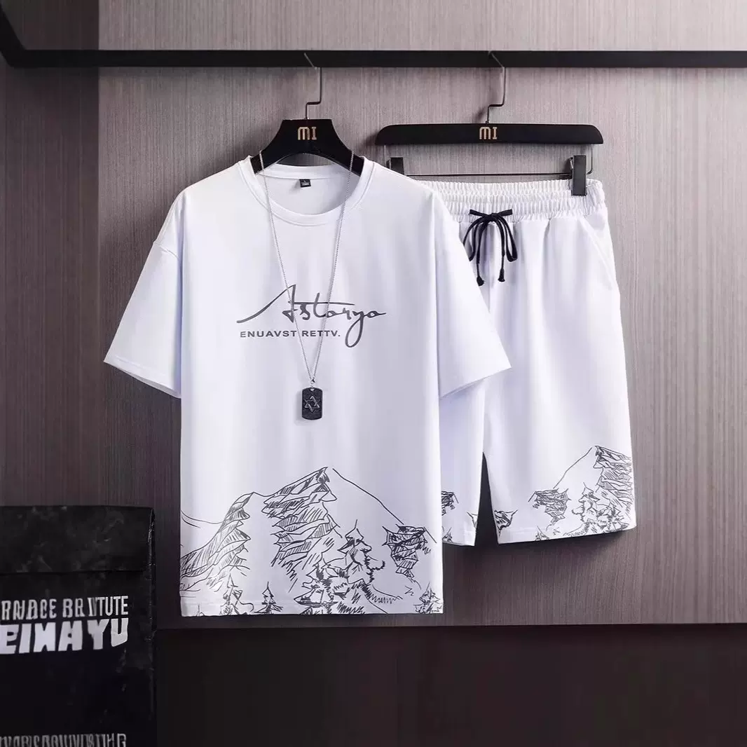 短袖t恤运动套装男冰丝薄款速干短裤夏季休闲两件套跑步健身衣服