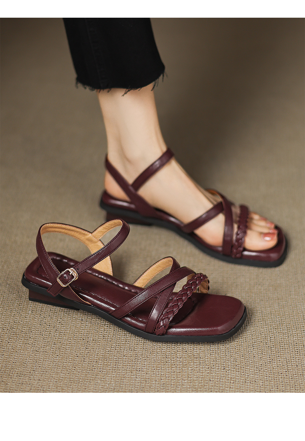 Dép sandal La Mã nữ đế bệt phong cách Pháp retro cổ tích — nâu chi tiết 12