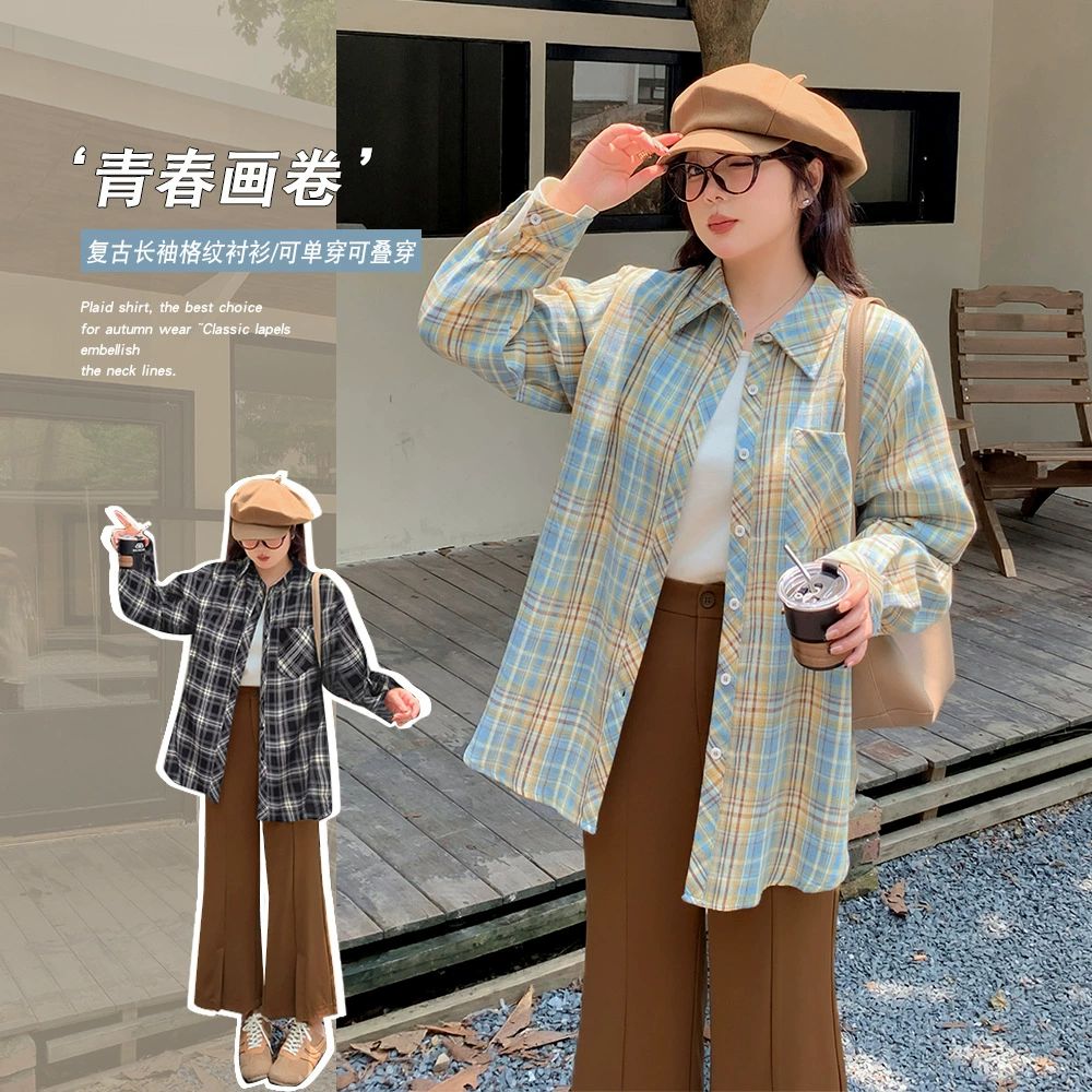 Рубашка MJ293 Xuanchen, осенняя новинка, больших размеров, в американском ретро стиле, клетчатая, с длинным рукавом, свободного кроя, повседневная рубашка-жакет.