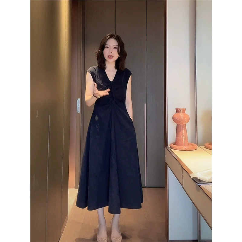 Летнее платье HK-9026 для женщин, темно-синее, без рукавов, с круглым вырезом, подчеркивающее талию, элегантное, роскошное, доступное, нового высокого стиля.