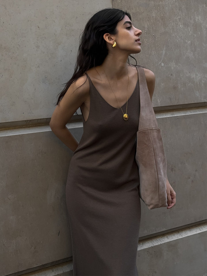 Bộ đầm dài kèm áo cardigan dệt kim dài tay nữ — Màu cà phê đậm, Màu hồng, Màu trắng, Màu xám chi tiết 120