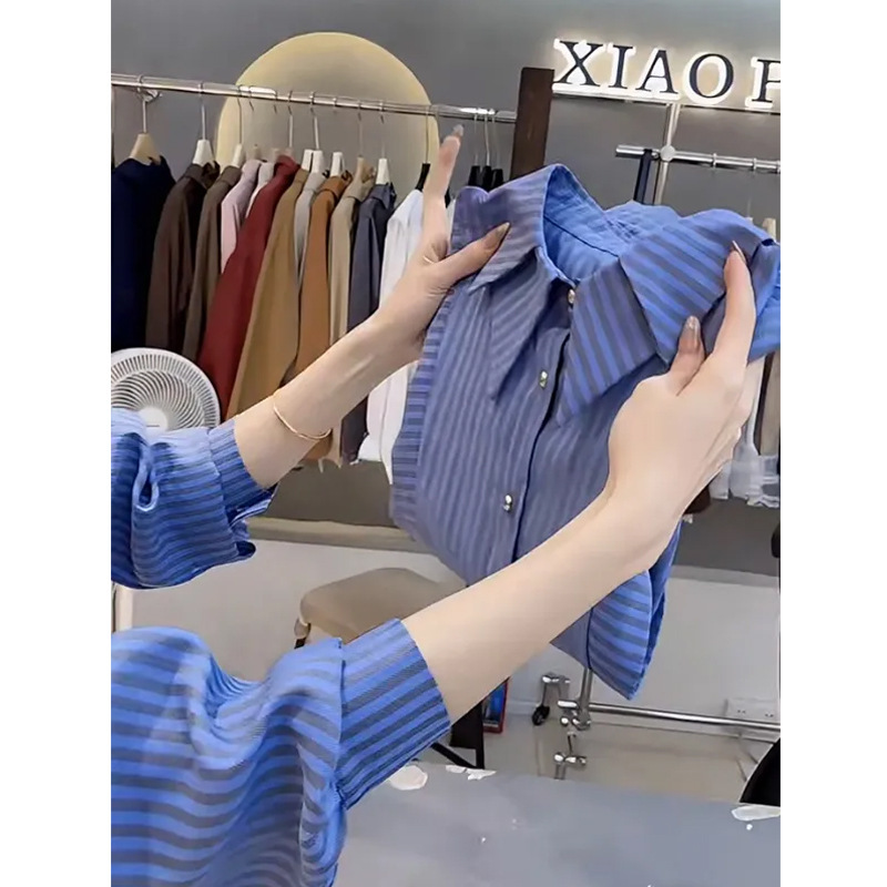 2025 春の新スタイルストライプファッションフリルデザインスリム二重層ラペルルーズ多用途シャツ女性のための|undefined