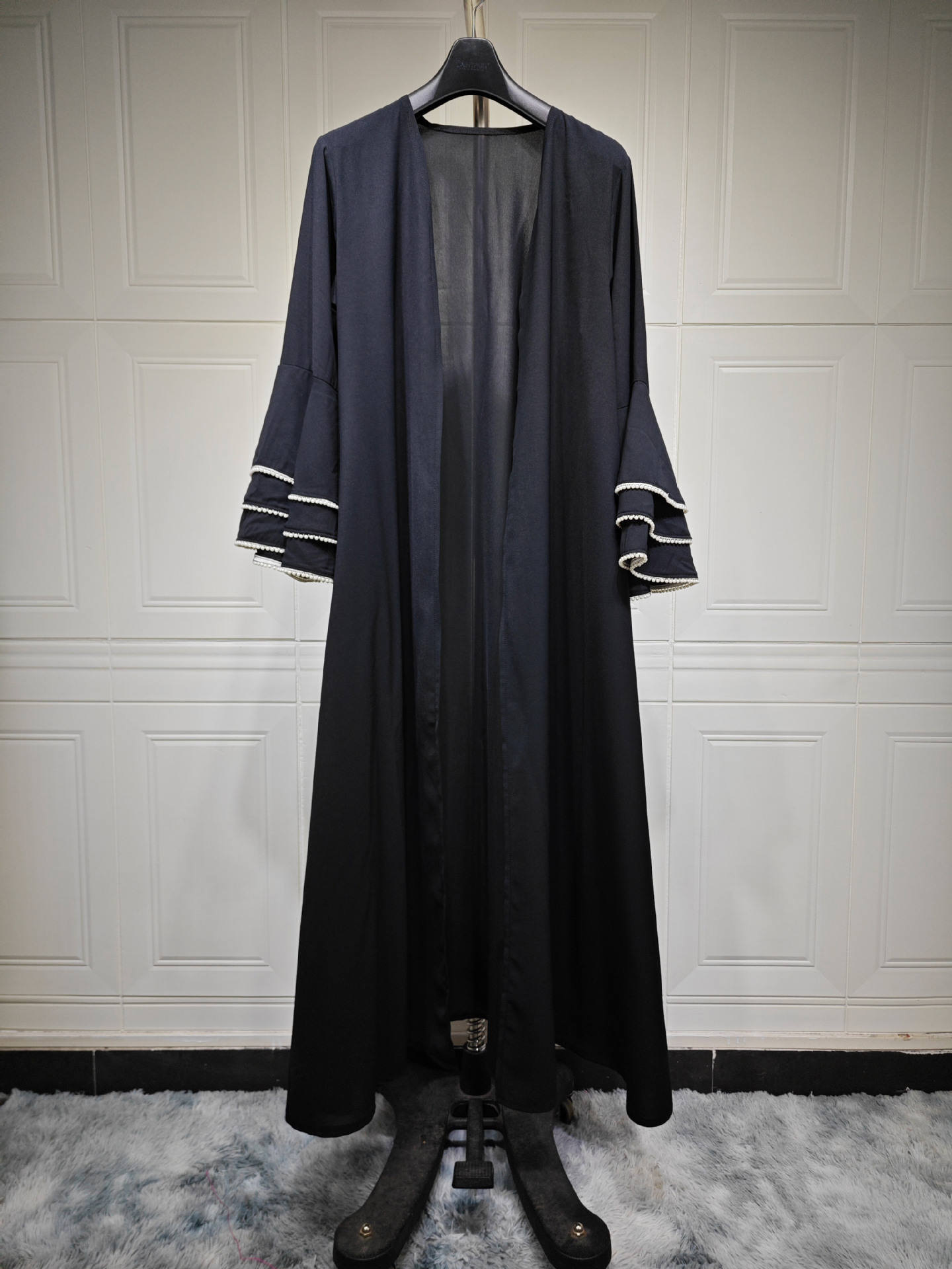 MQ120 Modest Arabic Dubai Cardigan Black Robe Cuff Beaded Abaya Fashion Coat_ecoleips.com