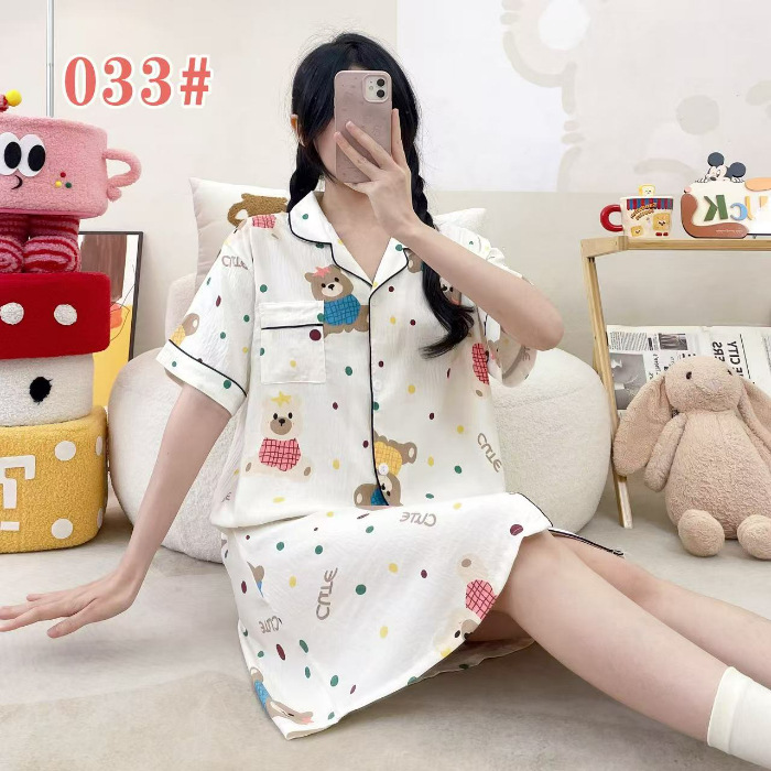 Pijama de verano de manga corta cardigan con solapa impresión de dibujos animados nubes de algodón dulce suelto medio largo vestido transfronterizo