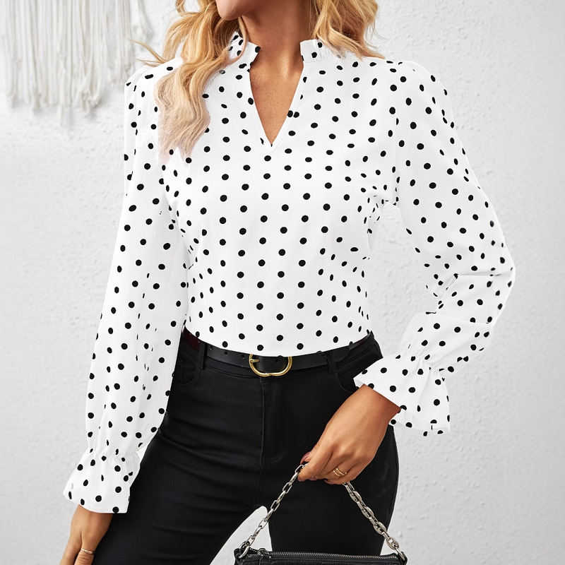 Commuter Chic White-Collar Polka Dot Shirt with Stand Collar and Flared Sleeves, Loose Fit, Slimming Effect, Ol Style Versatile Top, Cross-Border Women's Fashion