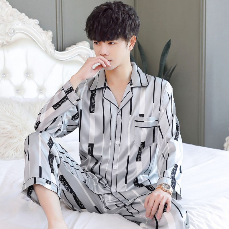 Primavera y otoño manga larga universal solapa delgada casual de los hombres rayas seda artificial inicio cardigan pijamas traje