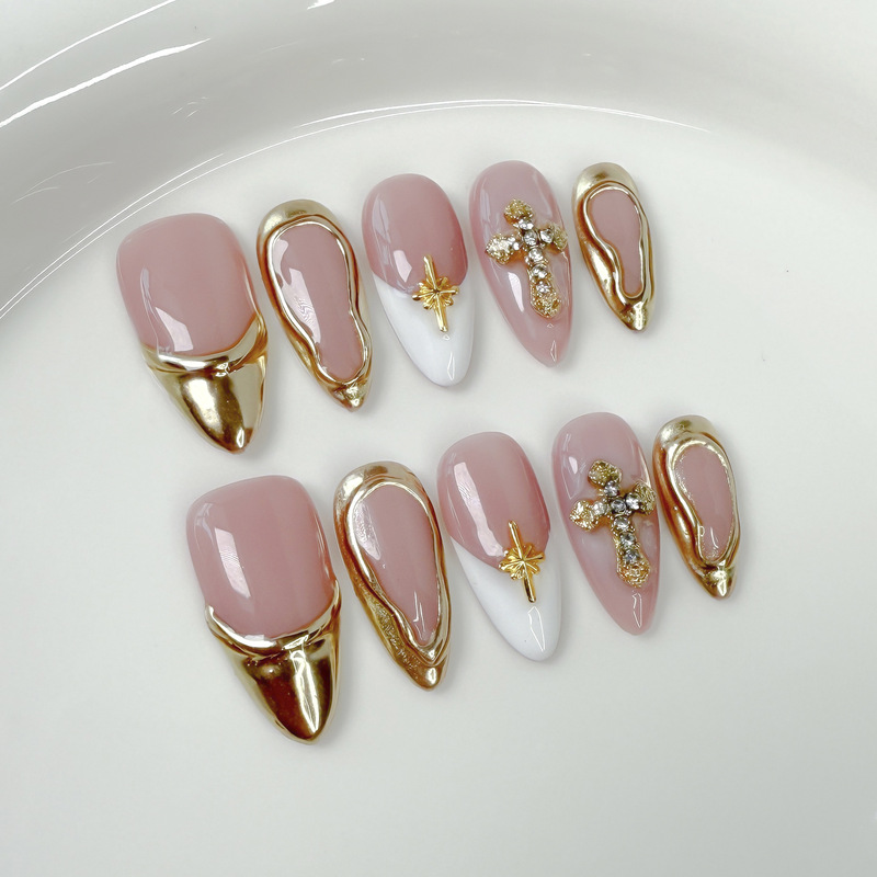 French-Style Ins Trendy European and American Almond Nails with Blush, Metallic Cross Design, and Handmade Wearable Nails French-Style Ins Trendy European and American Almond Nails with Blush, Metallic Cross Design, and Handmade Wearable Nails
