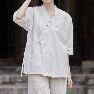 New Chinese Style Top Women's Summer Retro Lace-up Loose Modified Cotton and Linen Zen Style Class Clothes Tea Clothes Cardigan Shirt