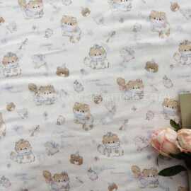 全棉双层纱数码直喷印花面料卡通猫咪家居服睡衣口水巾爬服手提袋