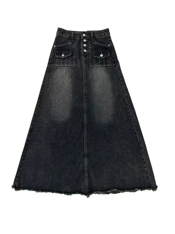 Retro long denim skirt, high‑waist A‑line, fitted, plus sizes S–5XL