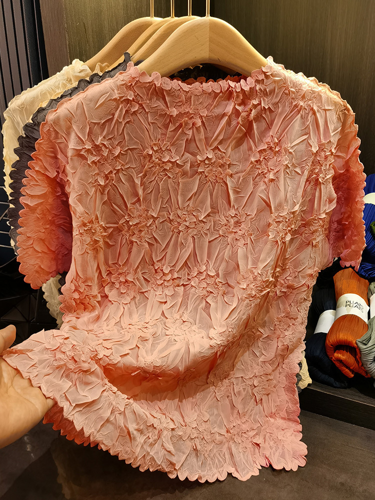 Áo thun nữ tay ngắn cổ tròn chất liệu cotton dập nổi hoa văn nổi cao cấp — Màu đen, Màu đào, Màu trắng, Màu xám