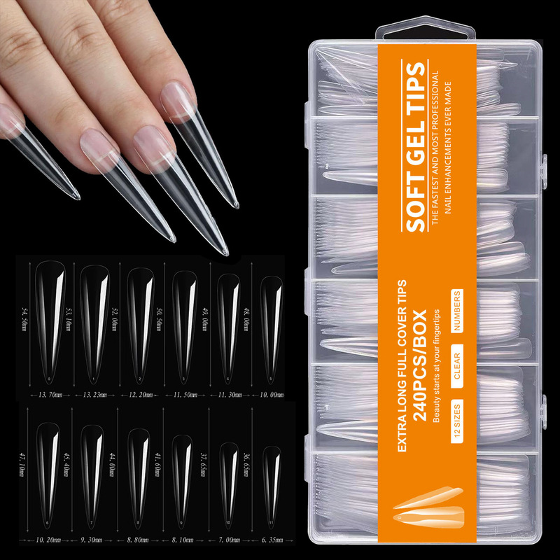 Cross-Border 240-Piece Boxed Nail Art False Nail Tips, Transparent Full-Cover Extra-Long Artistic Nail Tips, Factory Wholesale