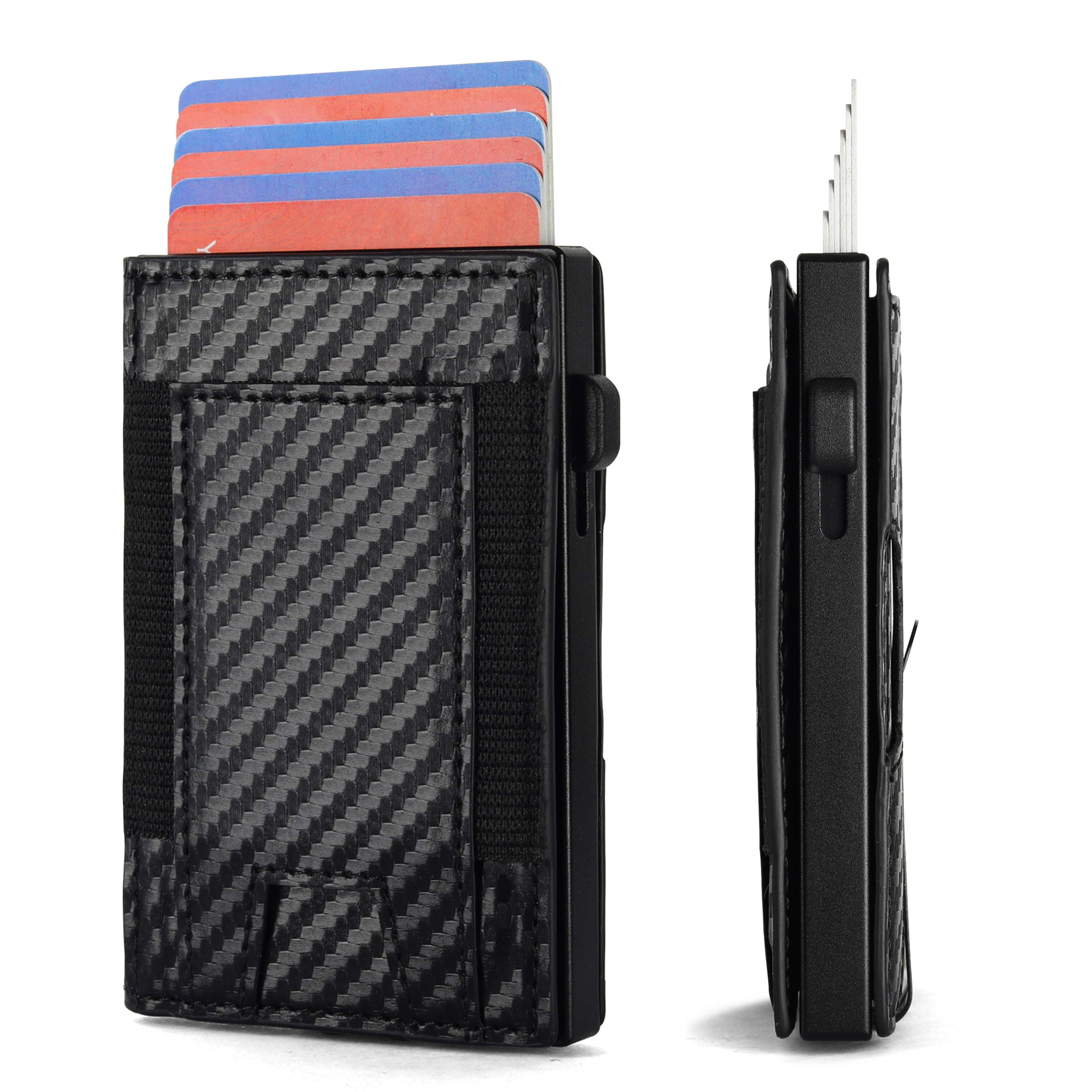 Cartucha de aleación de aluminio transfronteriza de fibra de carbono doble plegable bolsa de tarjetas emergentes automáticas RFID anti-robo cartera de cuero para hombres