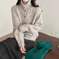 焦糖南瓜色慵懒软糯羊毛针织外套女气质高领排扣针织开衫秋冬上衣