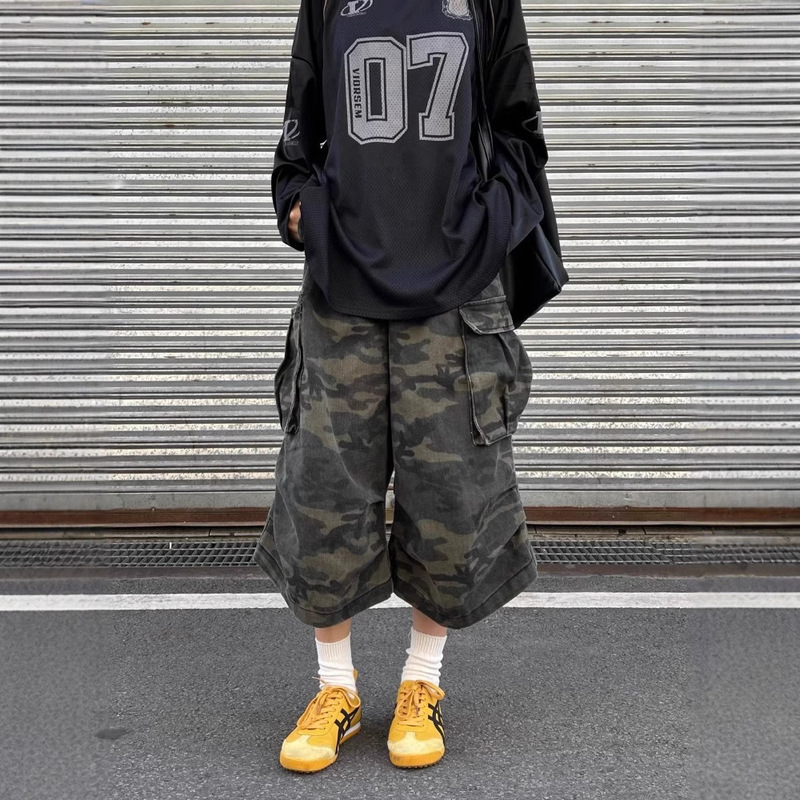 American Retro High-end Jeans Men's and Women's European and American-style Logging Wide-leg Camouflage Large Pocket Workwear Shorts Capri Pants