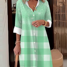 欧美新款纯色格子纹路休闲风格3D数码印花宽松女士优雅连衣裙