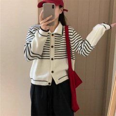 法式复古简约时尚Polo领撞色翻领开衫女秋季条纹针织单排扣上衣女