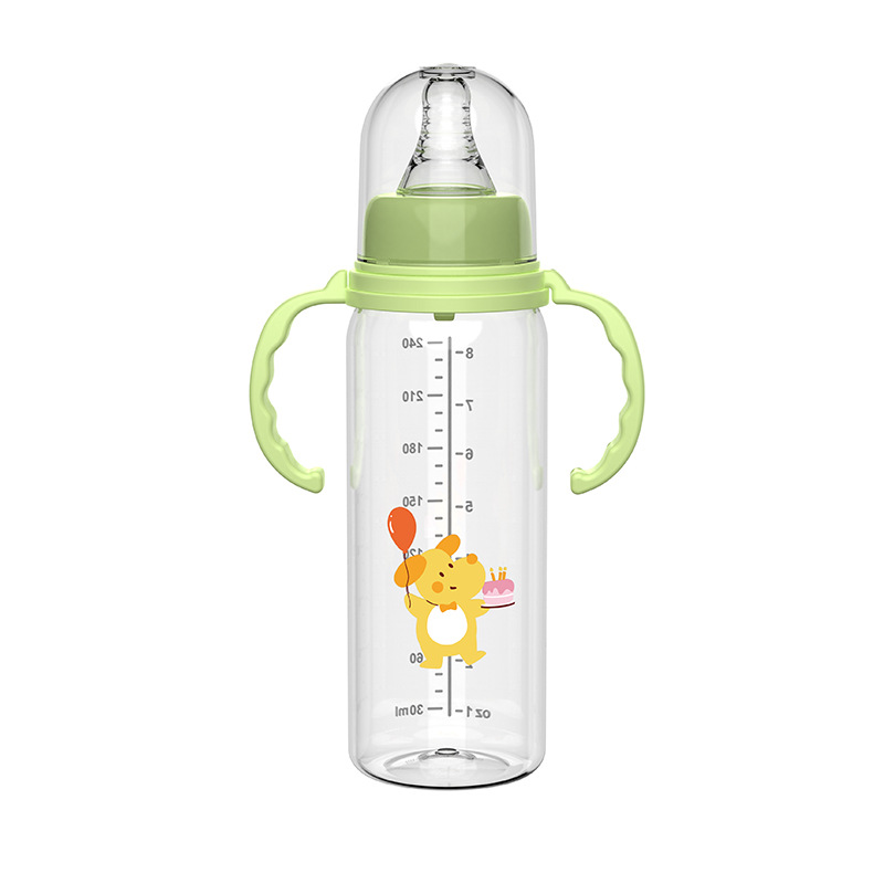 Hermoso biberón en caja en inglés biberón pp de boca ancha y recto biberón antiflatulencia para bebé con mango